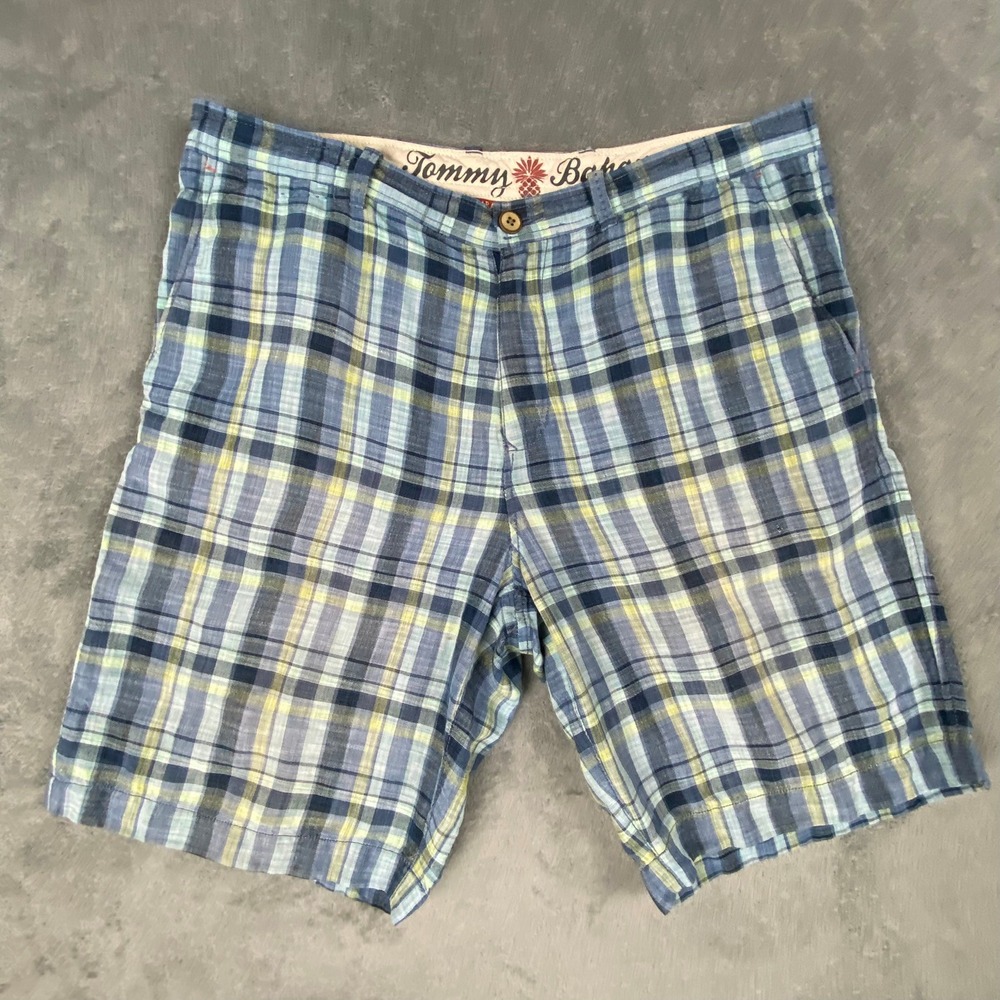 Tommy Bahama Mens 35 Shorts Blue Yellow Plaid Linen Tencel Paradise Nation